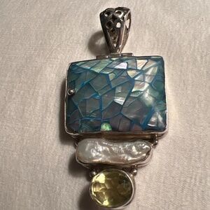 Mother of Pearl Mosaic Keshi Pearl & Citrine Sterling Silver Pendant